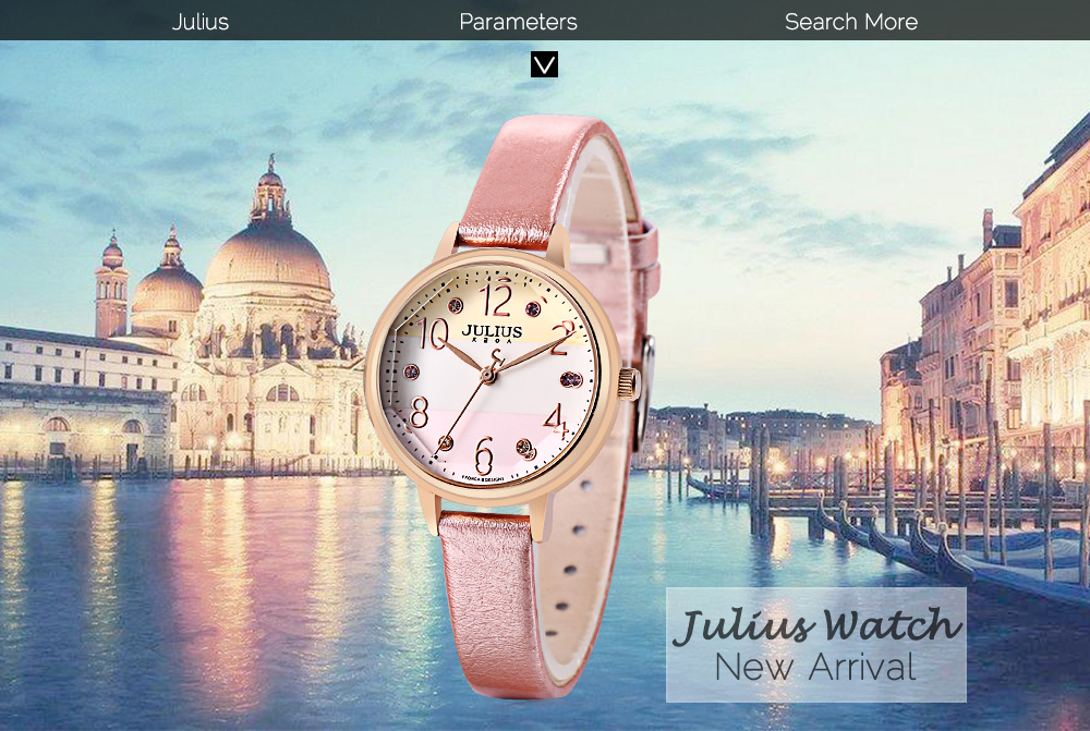 JULIUS JA - 930 Women Quartz Watch Solid Mirror Artificial Gem Genuine Leather Band Wristwatch