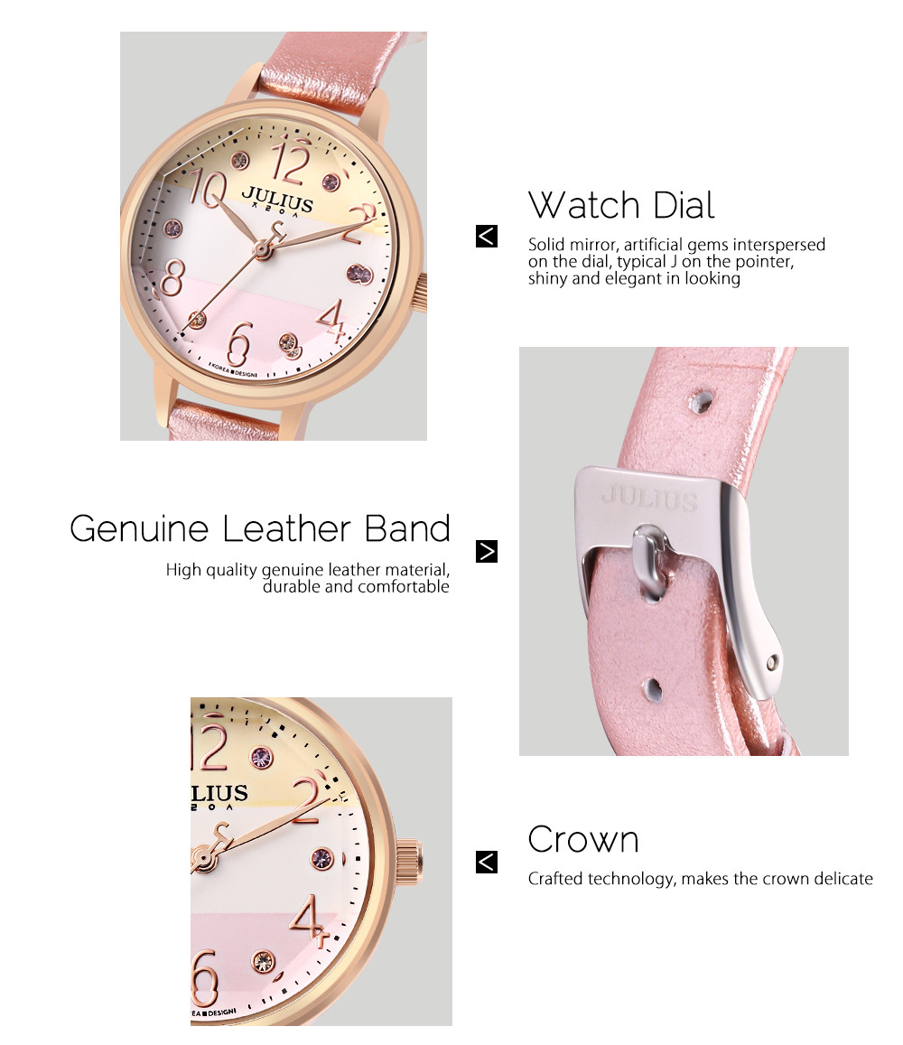JULIUS JA - 930 Women Quartz Watch Solid Mirror Artificial Gem Genuine Leather Band Wristwatch