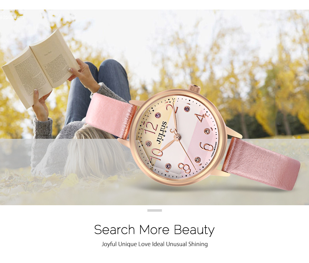 JULIUS JA - 930 Women Quartz Watch Solid Mirror Artificial Gem Genuine Leather Band Wristwatch