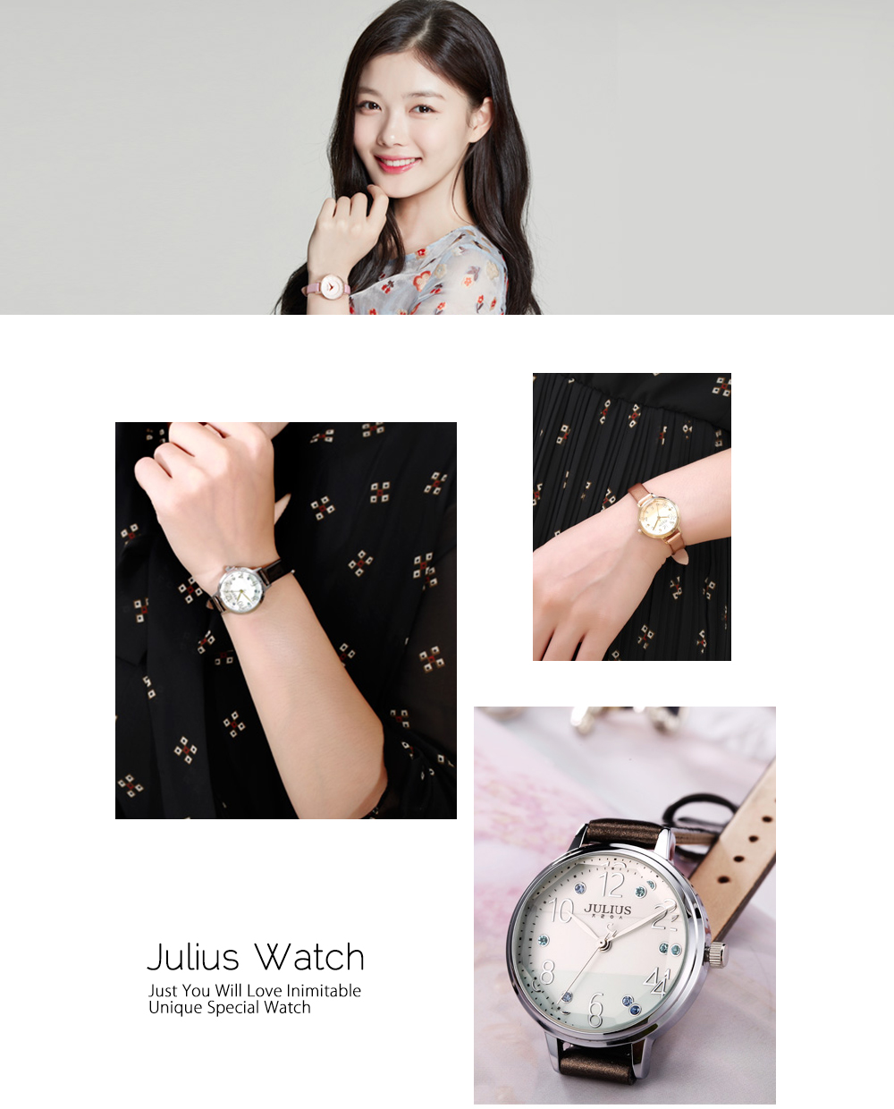 JULIUS JA - 930 Women Quartz Watch Solid Mirror Artificial Gem Genuine Leather Band Wristwatch