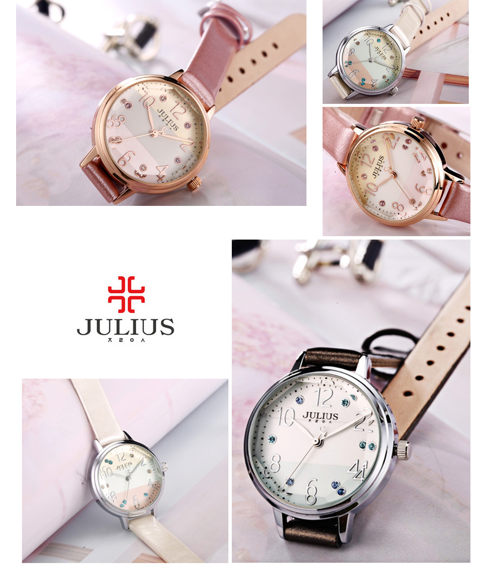 JULIUS JA - 930 Women Quartz Watch Solid Mirror Artificial Gem Genuine Leather Band Wristwatch