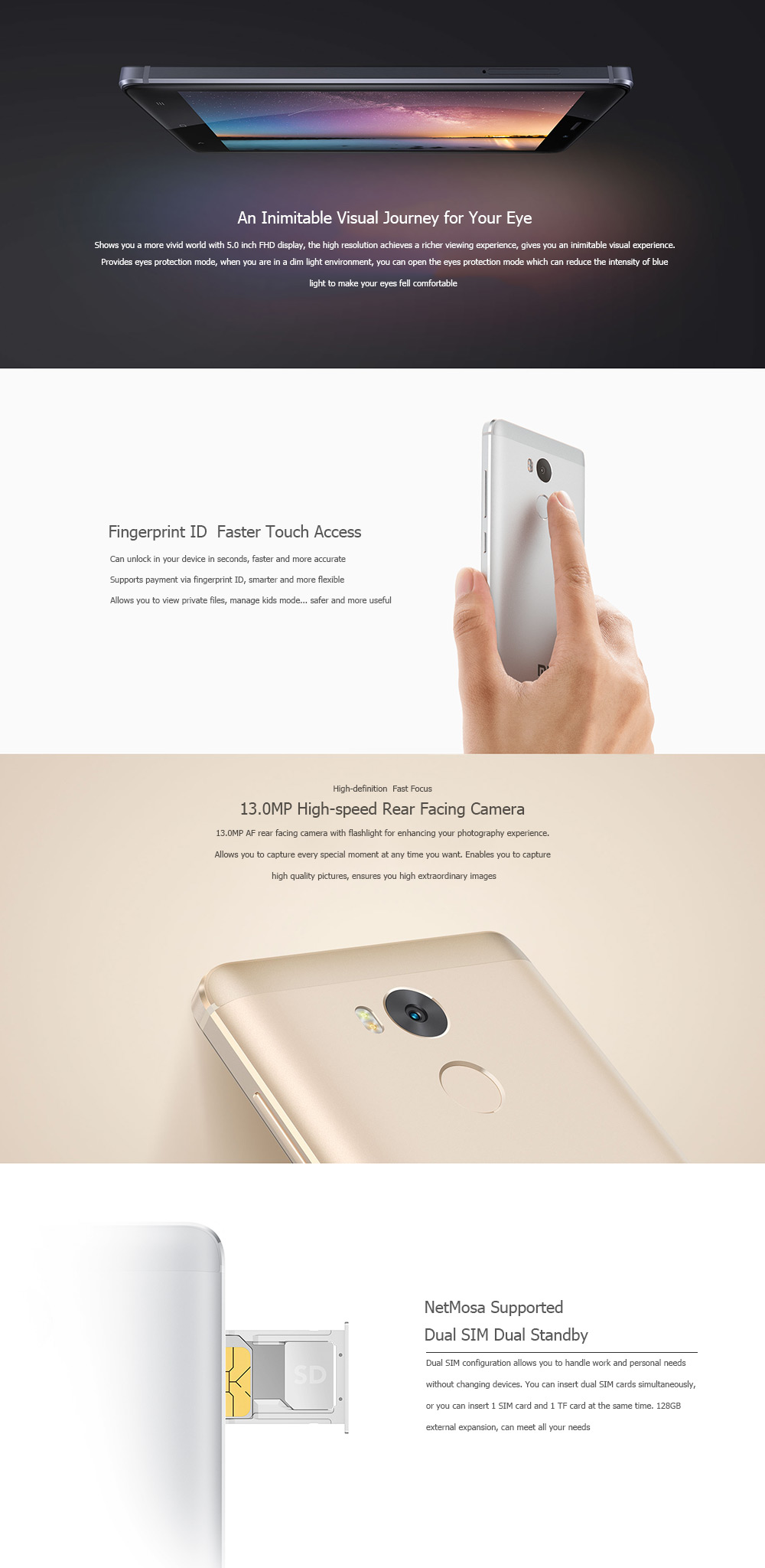 Xiaomi Redmi 4 5.0 inch 4G Smartphone MIUI 8 Snapdragon 625 Octa Core 2.0GHz 3GB RAM 32GB ROM Fingerprint Sensor 13.0MP Rear Camera 4100mAh Battery Bluetooth 4.2