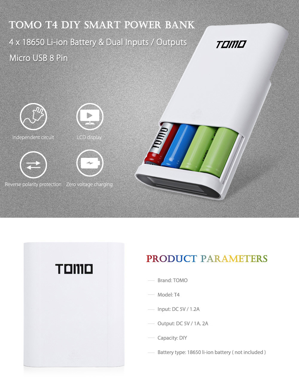 TOMO T4 DIY Smart Power Bank 4 x 18650 Li-ion Battery Micro USB 8 Pin Dual Input / Output Charger