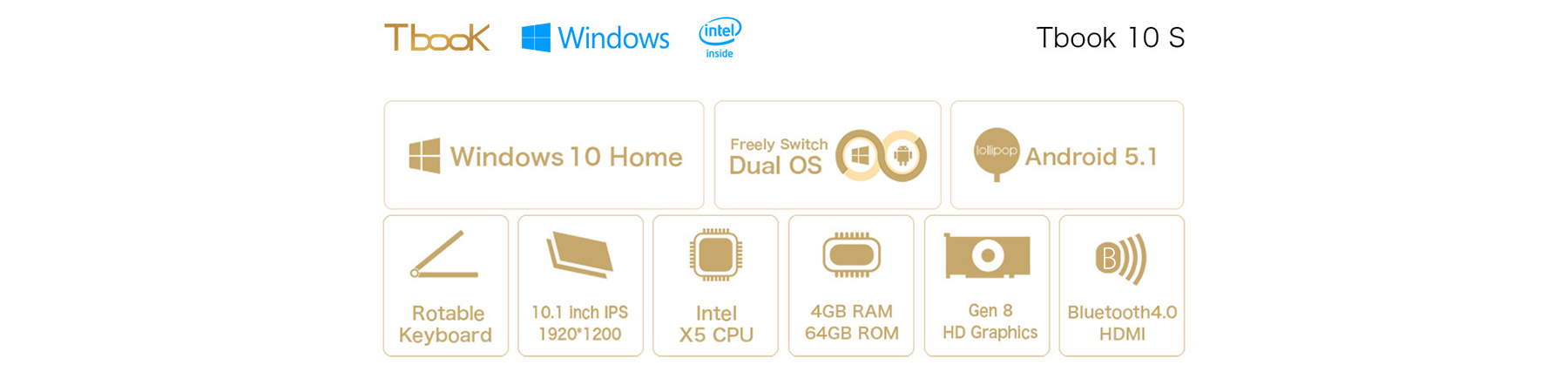 Teclast Tbook 10 S 2 in 1 Tablet PC 10.1 inch Windows 10 + Android 5.1 IPS Screen Intel Cherry Trail X5 Z8350 64bit Quad Core 1.44GHz 4GB RAM 64GB ROM Bluetooth 4.0