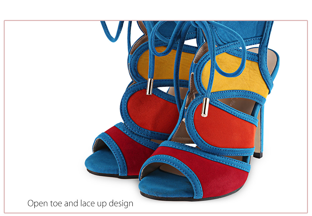 Fashionable Color Block Open Toe Hollow Out Lace Up Suede High Heel Sandals for Women Fashionable Color Block Open Toe Hollow Out Lace Up Suede High Heel Sandals for Women