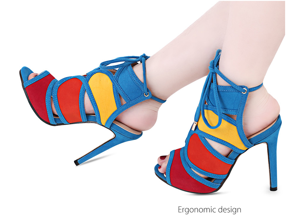 Fashionable Color Block Open Toe Hollow Out Lace Up Suede High Heel Sandals for Women Fashionable Color Block Open Toe Hollow Out Lace Up Suede High Heel Sandals for Women