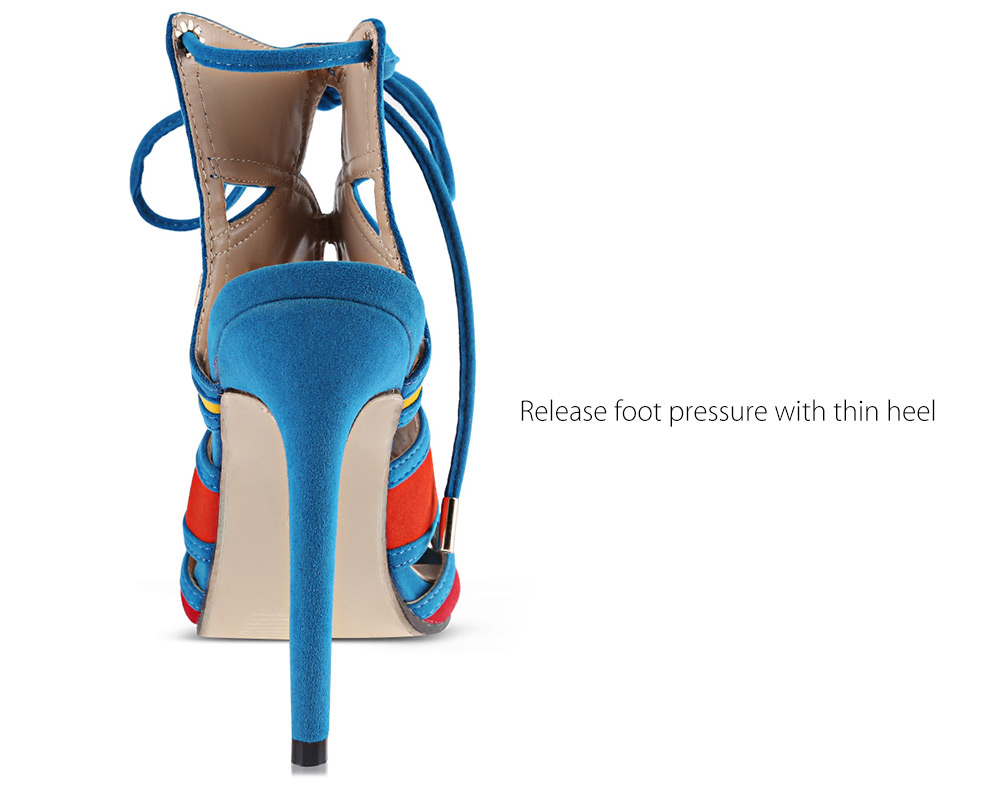 Fashionable Color Block Open Toe Hollow Out Lace Up Suede High Heel Sandals for Women Fashionable Color Block Open Toe Hollow Out Lace Up Suede High Heel Sandals for Women