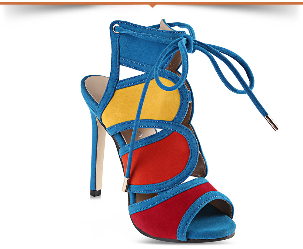Fashionable Color Block Open Toe Hollow Out Lace Up Suede High Heel Sandals for Women Fashionable Color Block Open Toe Hollow Out Lace Up Suede High Heel Sandals for Women