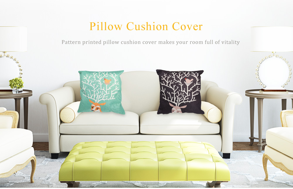 Deer and Bird Pattern Linen Pillow Cushion Cover Home Decor