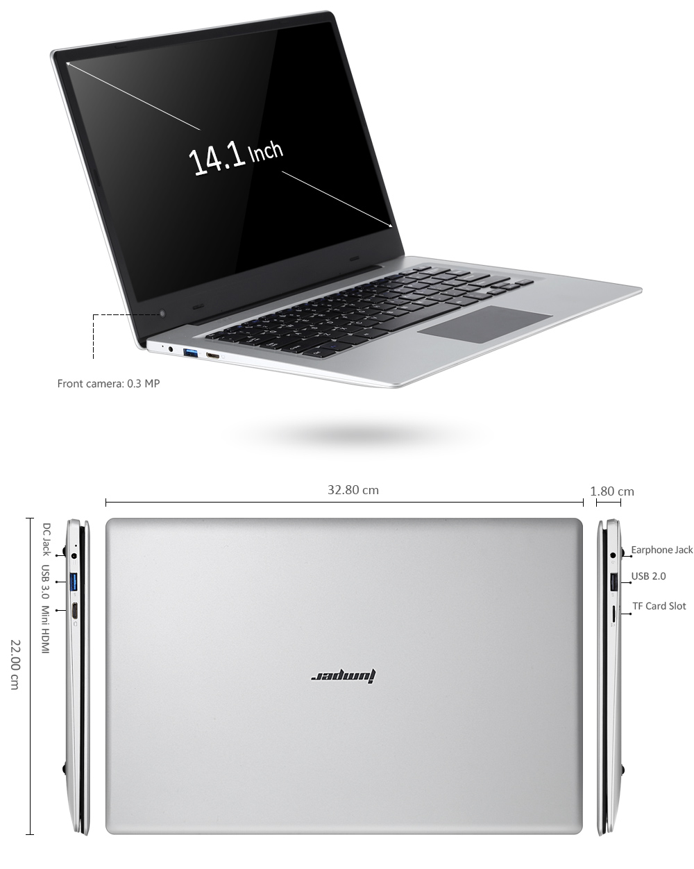 Jumper EZBOOK 3 Notebook 14.1 inch Windows 10 Home Intel Apollo Lake N3350 Dual Core 1.1GHz 4GB RAM 64GB eMMC Camera
