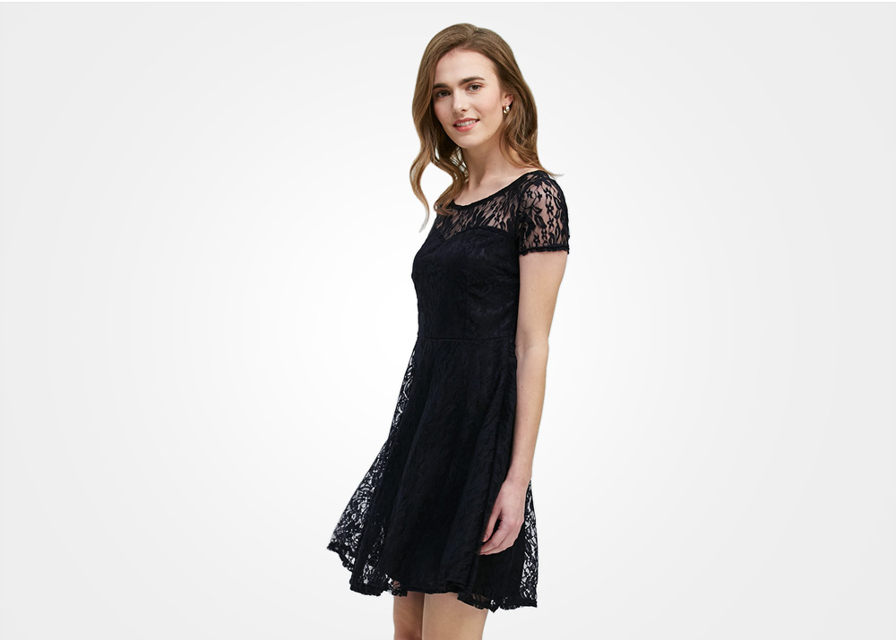 Elegant Short Sleeve Round Collar Hollow Lace Dress for Women Elegant Short Sleeve Round Collar Hollow Lace Dress for Women