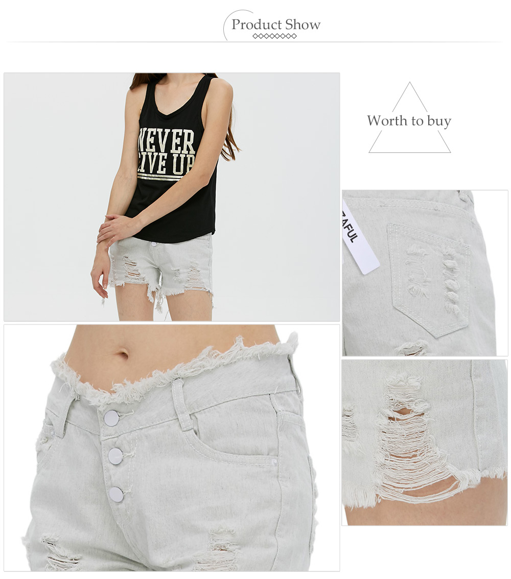 Trendy Mid Waist Button Ripped Denim Shorts for Women