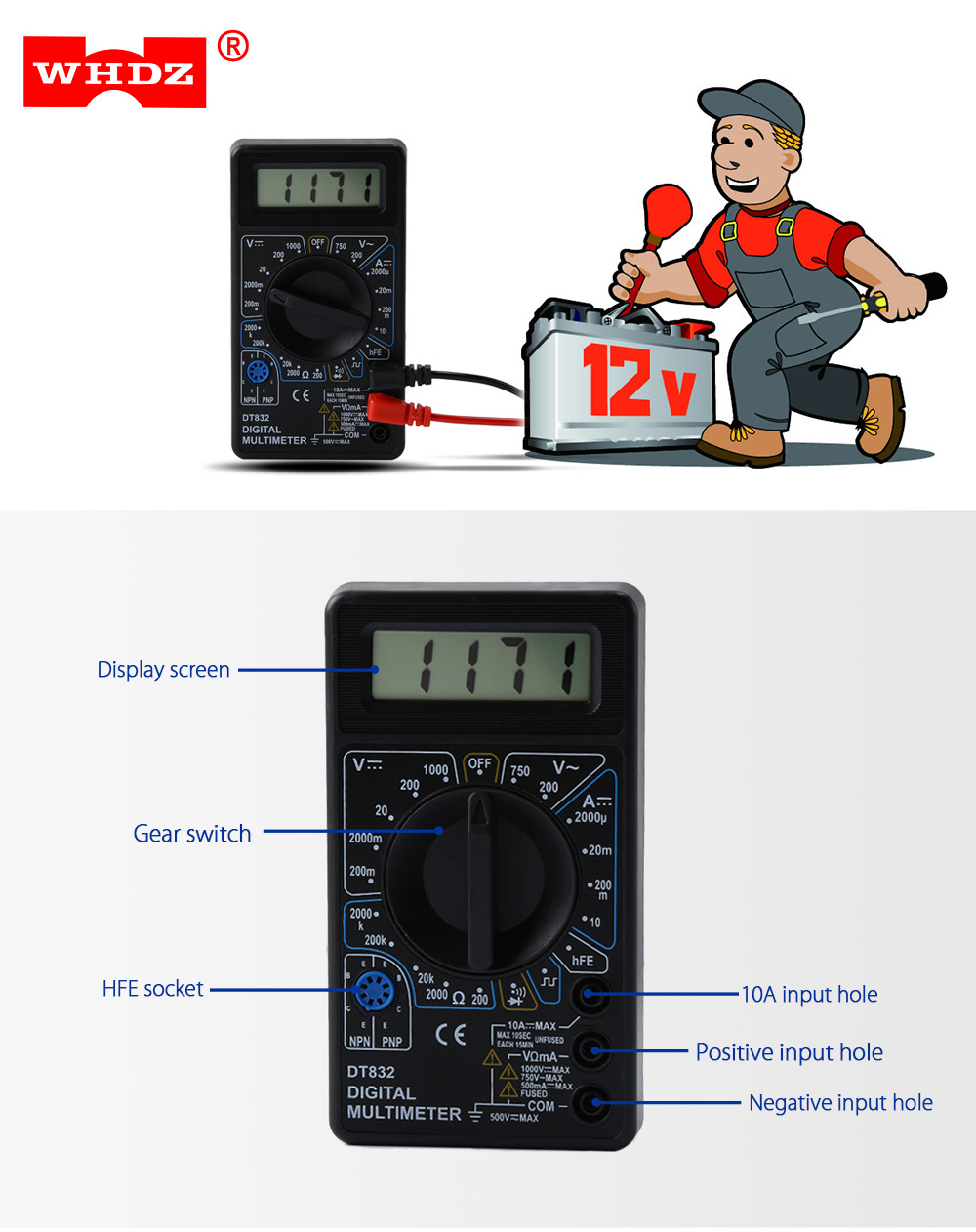WHDZ DT832 Professional Digital Multimeter Alarm Poles Voltage Tester