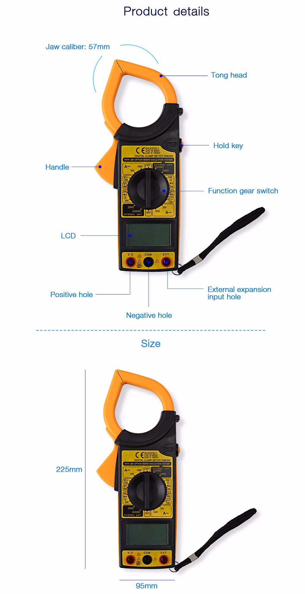 WHDZ DM6266 Digital Clamp Meter Voltage AC Current Resistance Test Multimeter WHDZ DM6266 Digital Clamp Meter Voltage AC Current Resistance Test Multimeter