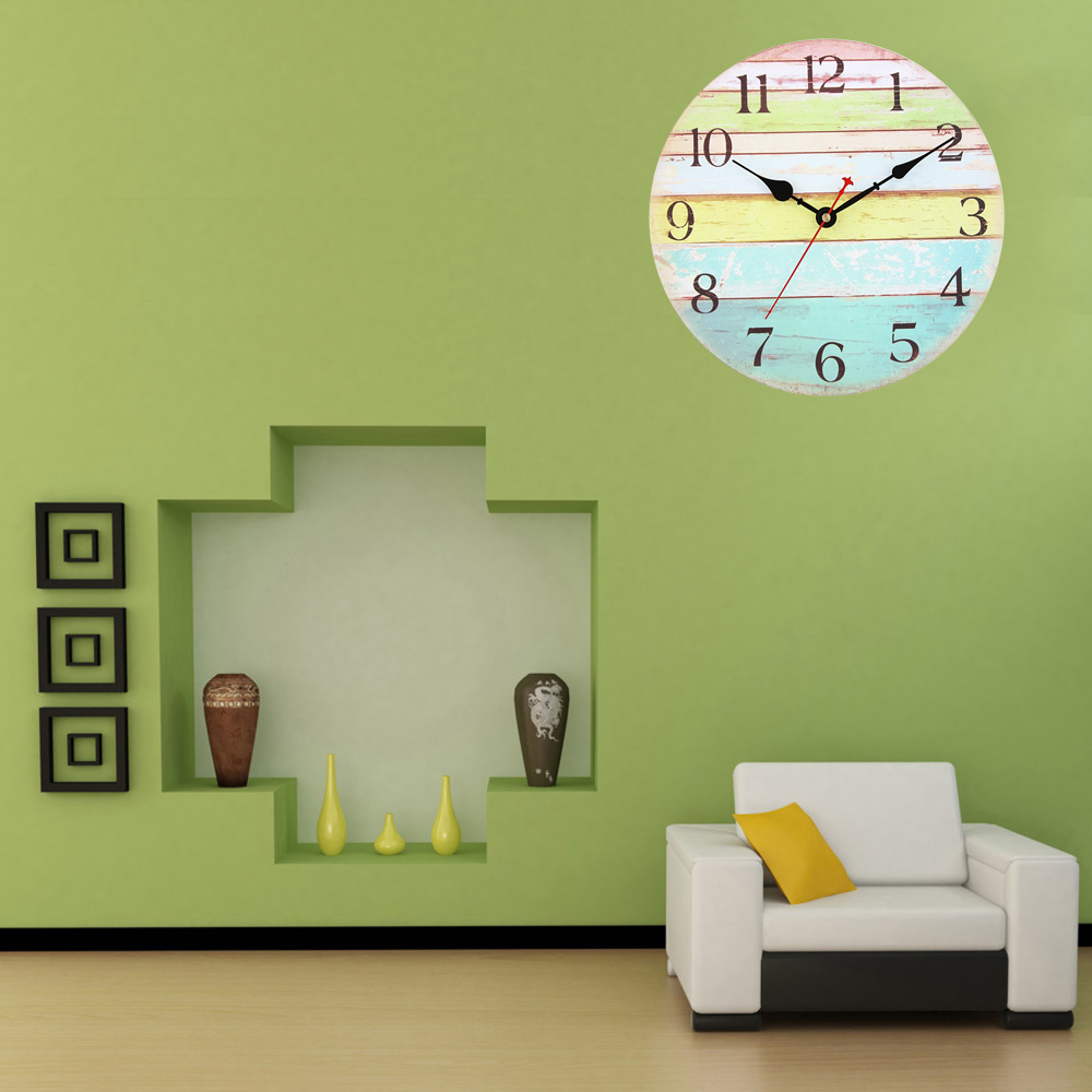 Retro Wooden Wall Clock Colorful Ocean Stripe Home Decoration