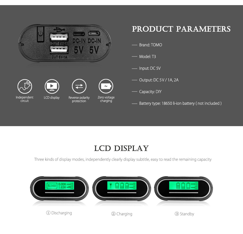 TOMO T3 DIY Smart Power Bank 3 x 18650 Li-ion Battery Micro USB 8 Pin Dual Input / Output Charger