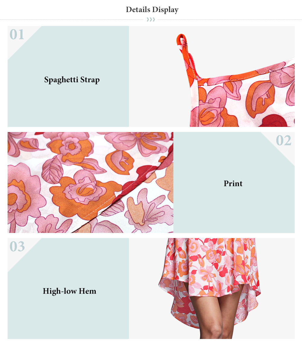 Casual Spaghetti Strap Floral Print High-low Hem Dress for Women