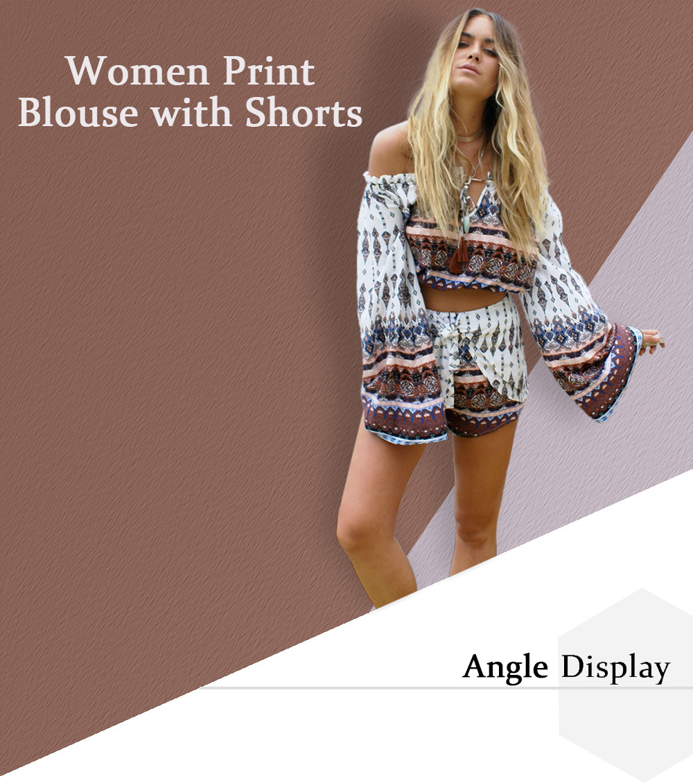 Active Two-piece Long Bell Sleeve Off The Shoulder Print Crop Top with Shorts for Women