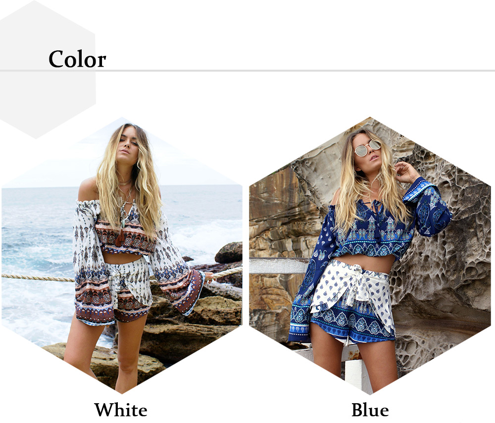 Active Two-piece Long Bell Sleeve Off The Shoulder Print Crop Top with Shorts for Women