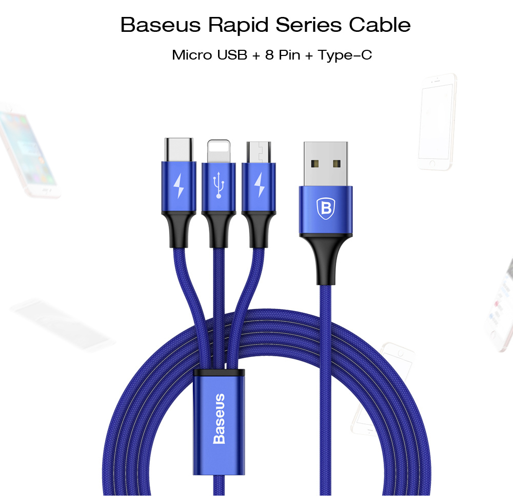 Baseus Rapid Series 3 in 1 Micro USB + 8 Pin + Type-C Connector 3A Fast Charging Data Transfer Cable 1.2M