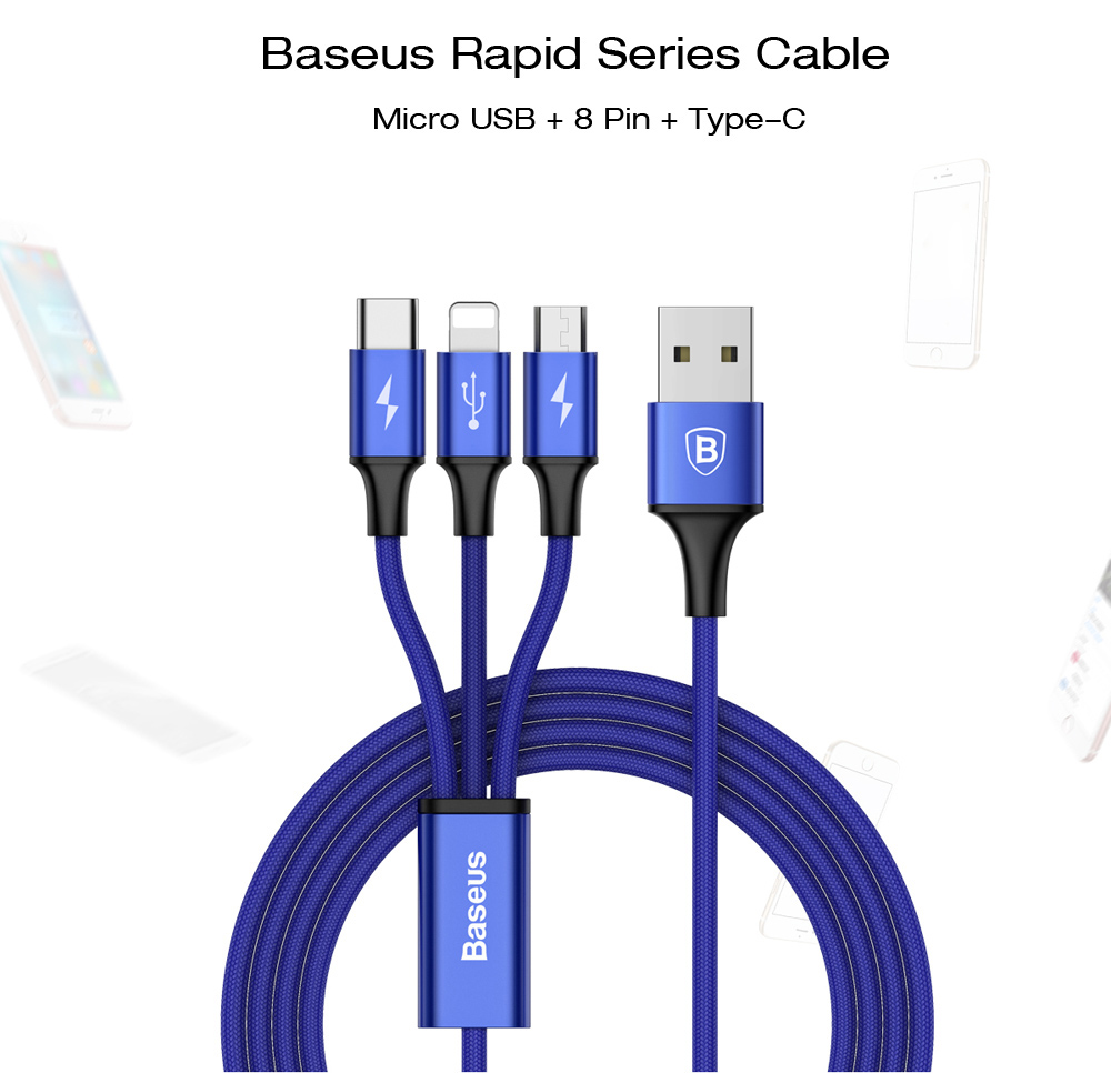 Baseus Rapid Series 3 in 1 Micro USB + 8 Pin + Type-C Connector 3A Fast Charging Data Transfer Cable 1.2M Baseus Rapid Series 3 in 1 Micro USB + 8 Pin + Type-C Connector 3A Fast Charging Data Transfer Cable 1.2M