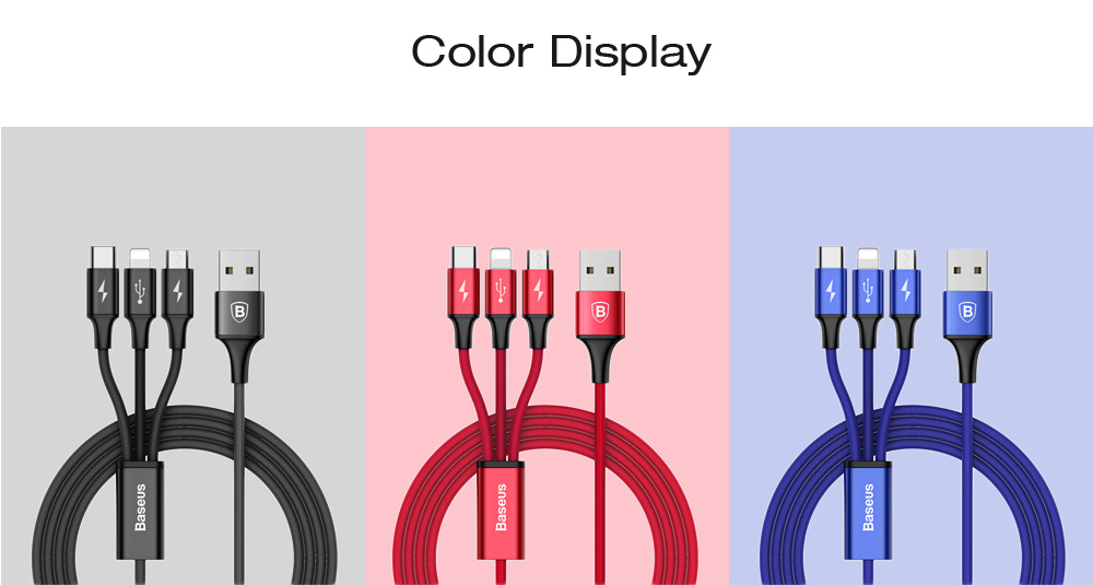 Baseus Rapid Series 3 in 1 Micro USB + 8 Pin + Type-C Connector 3A Fast Charging Data Transfer Cable 1.2M