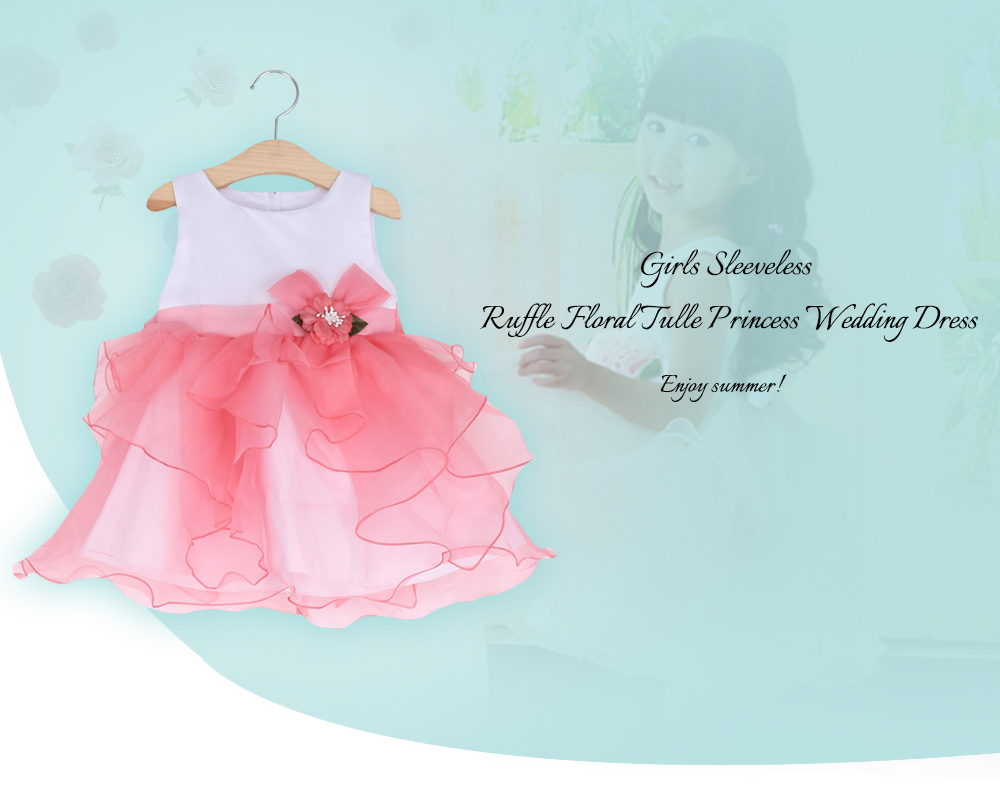 Baihui Girls Sleeveless Ruffle Hem Floral Ball Gown Tulle Dress