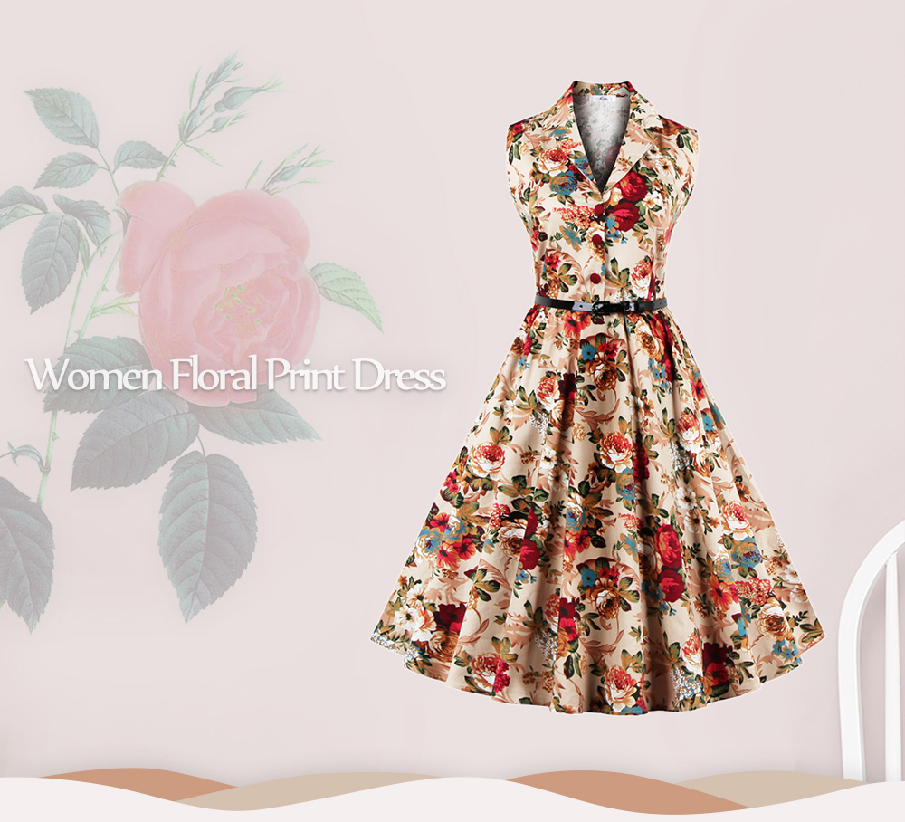 Vintage Lapel Floral Print Belt A-line Dress for Women Vintage Lapel Floral Print Belt A-line Dress for Women