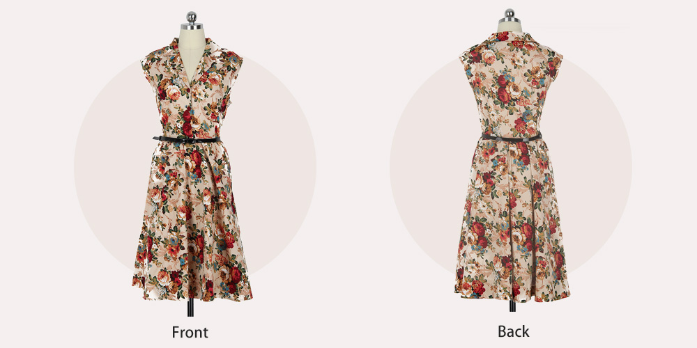 Vintage Lapel Floral Print Belt A-line Dress for Women Vintage Lapel Floral Print Belt A-line Dress for Women