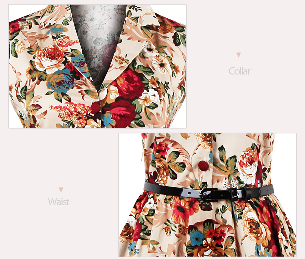 Vintage Lapel Floral Print Belt A-line Dress for Women Vintage Lapel Floral Print Belt A-line Dress for Women