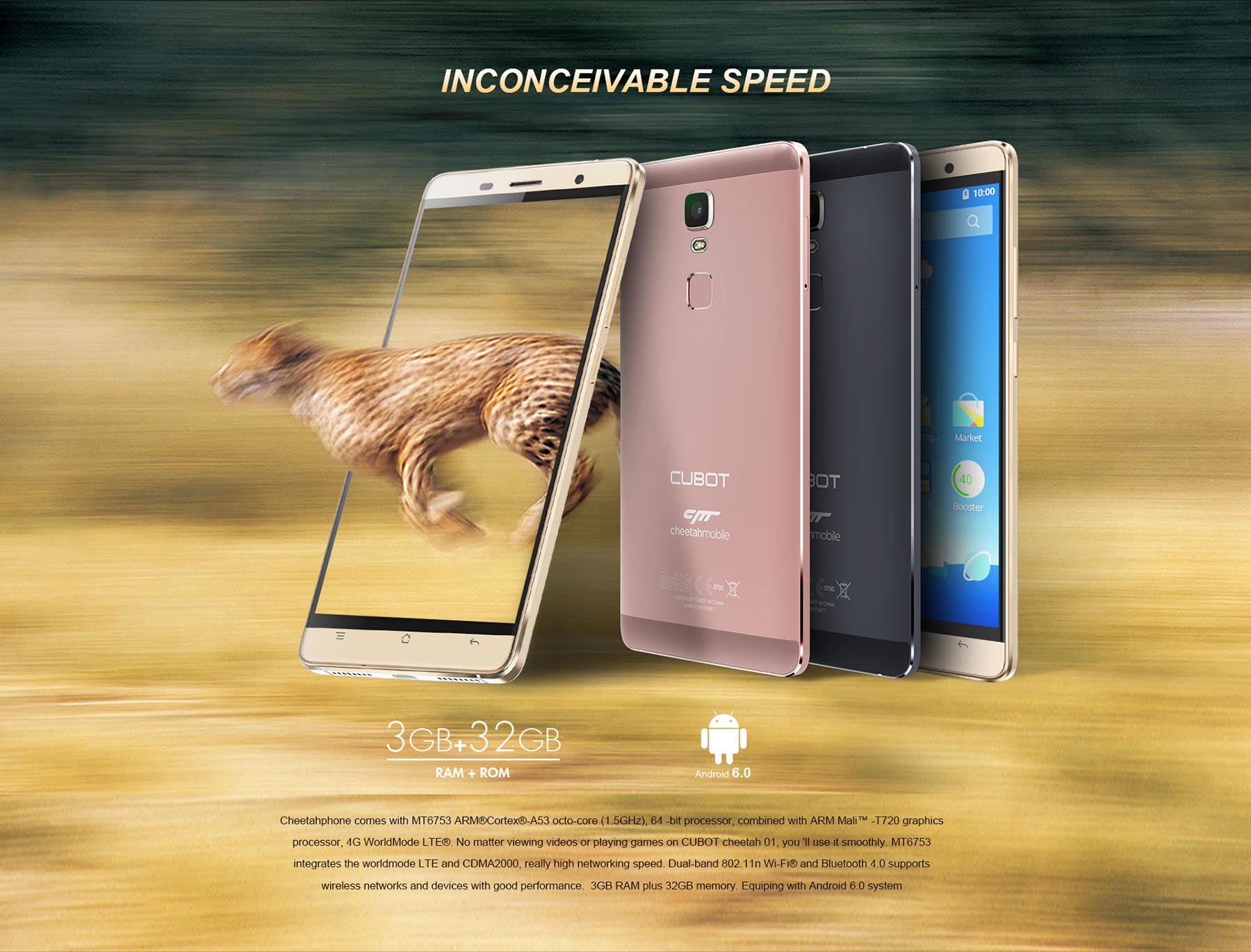 CUBOT Cheetahphone Android 6.0 4G Phablet 5.5 inch 2.5D Arc Screen MTK6753 64bit Octa Core 1.5GHz 3GB RAM 32GB ROM Touch ID 13.0MP Rear Camera 5G WiFi HotKnot