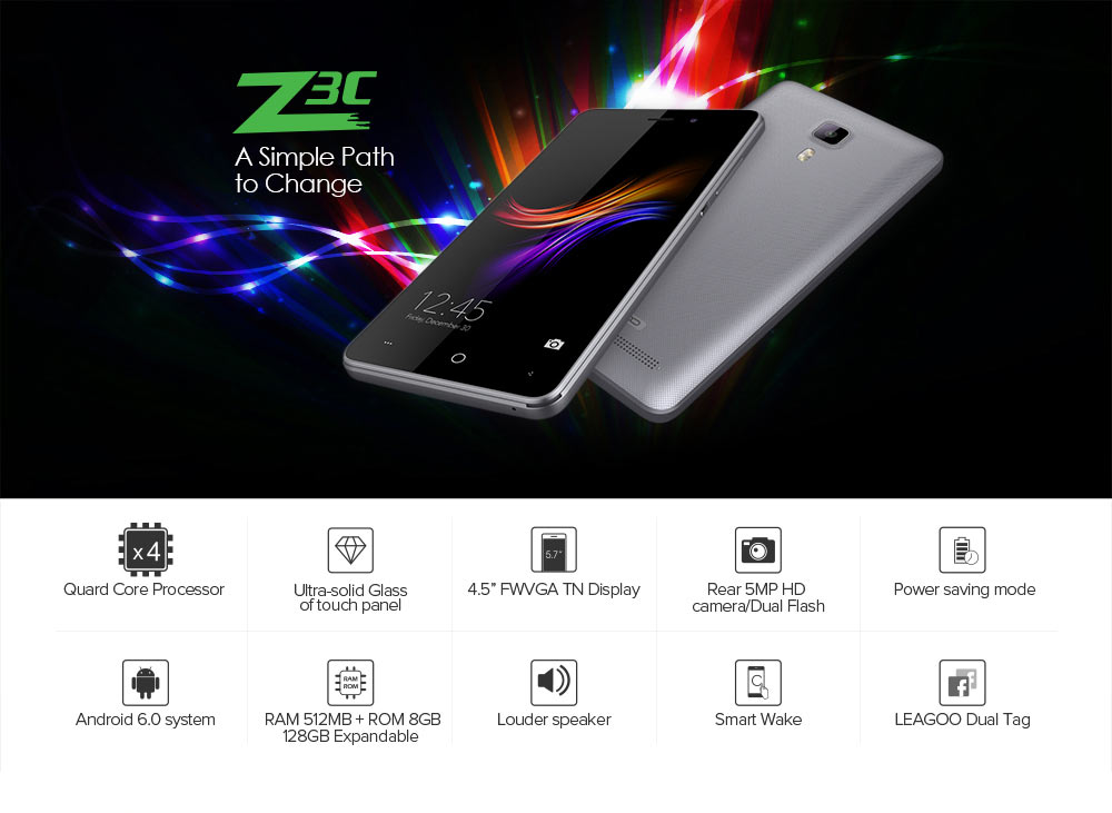 Leagoo Z3C 3G Smartphone 4.5 inch Android 6.0 SC7731C Quad Core 1.3GHz 512MB RAM 8GB ROM Power Saving Mode Smart Wake Dual Flash Light