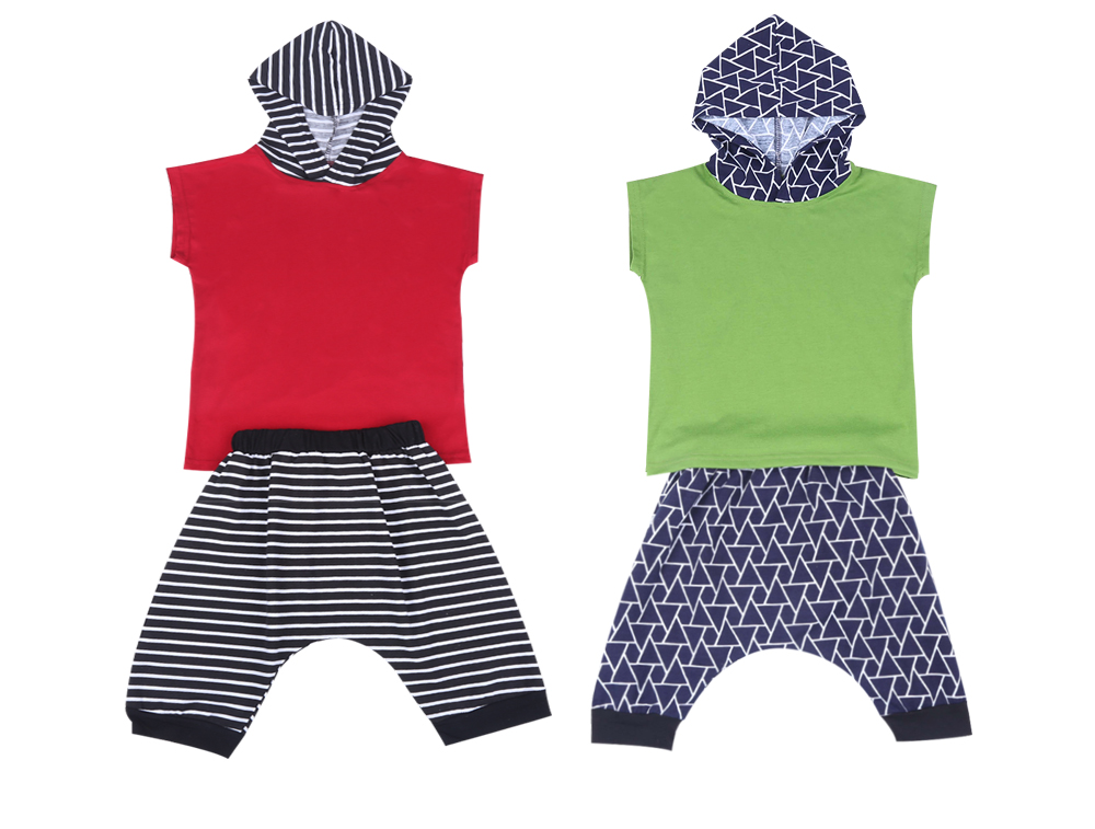 QianQuHui 2pcs Kids Sleeveless Hooded Top Geometric Patterns Trousers