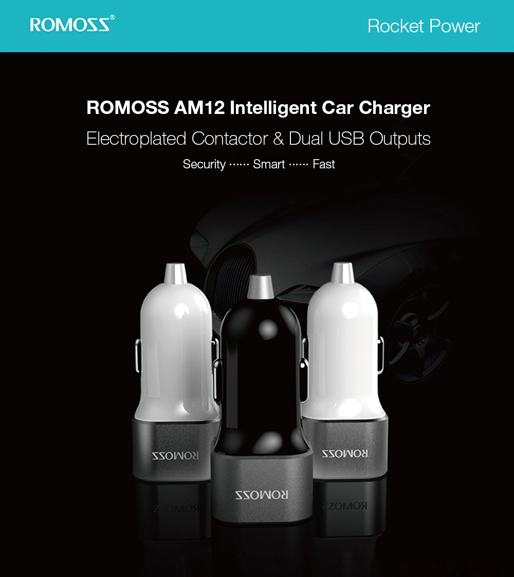 ROMOSS AM12 Rocket Power Electroplating Contactor Fast Charging Dual USB Intelligent Car Charger