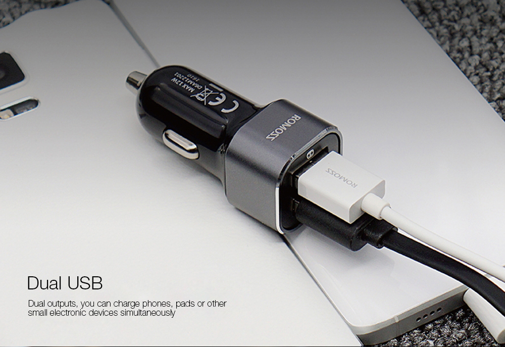 ROMOSS AM12 Rocket Power Electroplating Contactor Fast Charging Dual USB Intelligent Car Charger