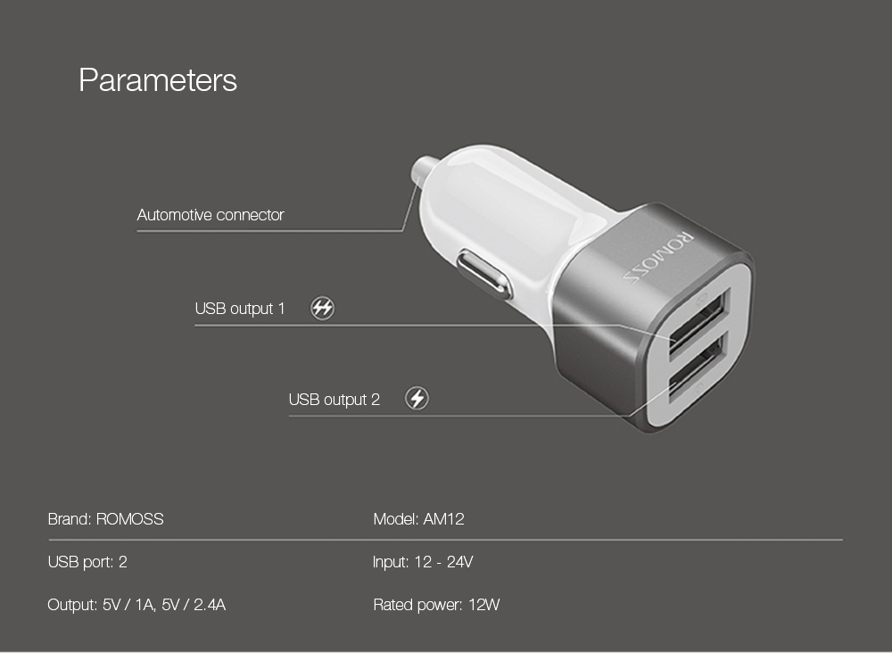 ROMOSS AM12 Rocket Power Electroplating Contactor Fast Charging Dual USB Intelligent Car Charger