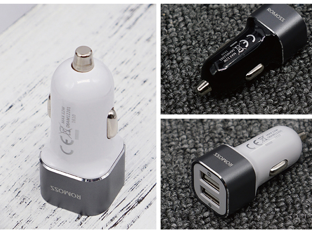 ROMOSS AM12 Rocket Power Electroplating Contactor Fast Charging Dual USB Intelligent Car Charger