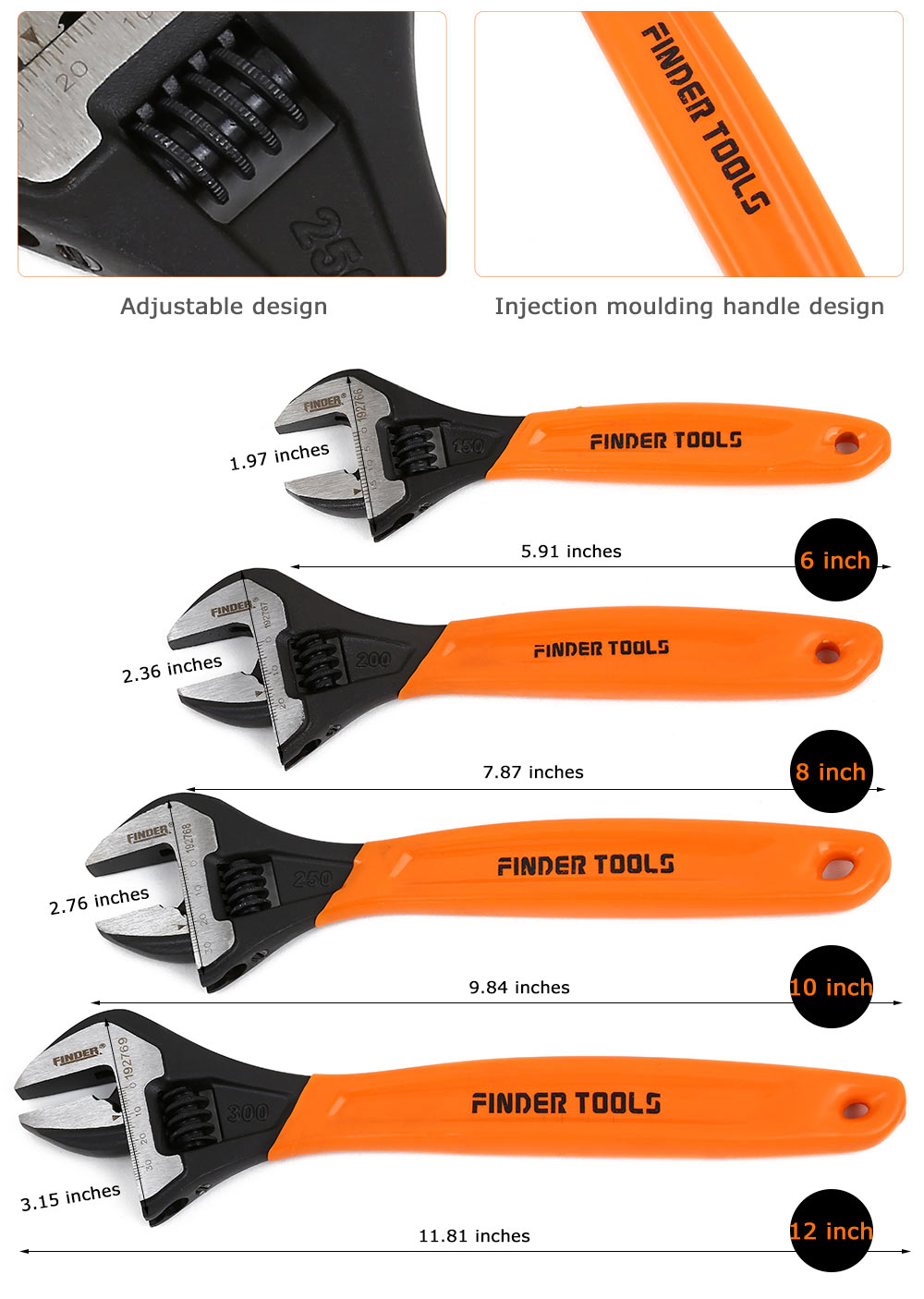 FINDER 12 Inch Adjustable Wrench High Carbon Steel Spanner Hand Repair Tool