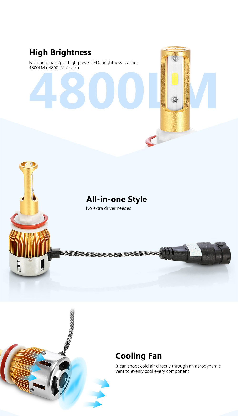 Rectangle T23906 H11 40W 4800LM Pair of Car LED Headlight 6000K Auto Front Lamp