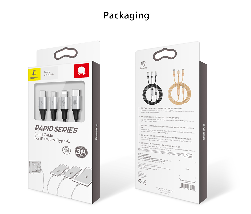 Baseus Rapid Series 3A 3 in 1 Type-C + 8 Pin + Micro USB Cable Type-C Output 1.2M Baseus Rapid Series 3A 3 in 1 Type-C + 8 Pin + Micro USB Cable Type-C Output 1.2M