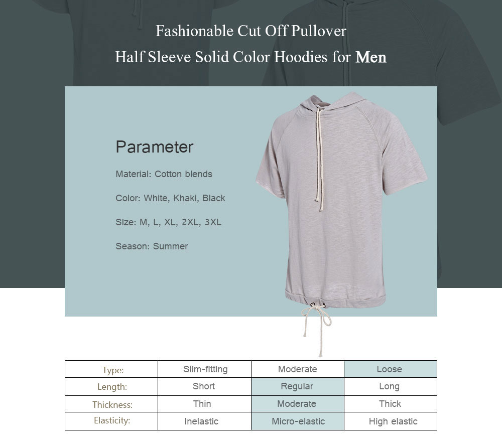 Fashionable Cut Off Pullover Half Sleeve Solid Color Hoodies for Men