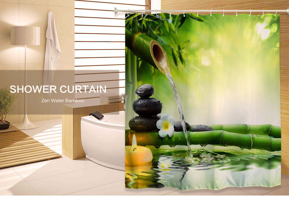 180 x 180cm Zen Water Bamboo 3D Printed Polyester Bathroom Shower Curtain with 12 Hooks