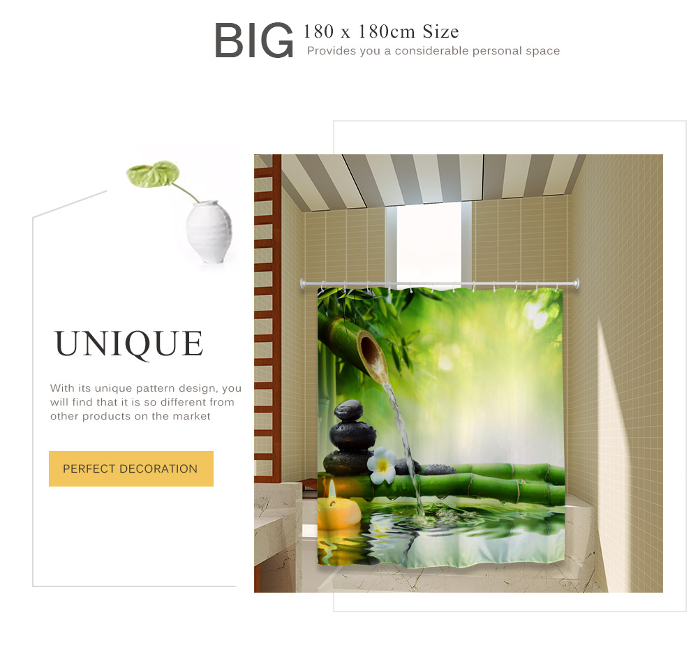 180 x 180cm Zen Water Bamboo 3D Printed Polyester Bathroom Shower Curtain with 12 Hooks