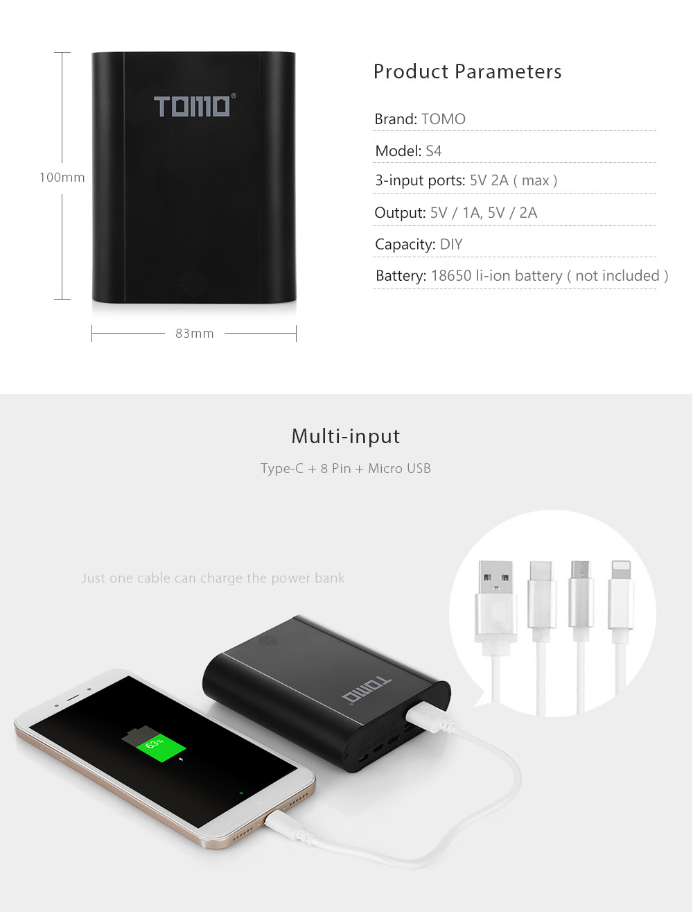 TOMO S4 DIY Smart Power Bank 4 x 18650 Li-ion Battery Type-C Micro USB 8 Pin Input Dual Output Charger