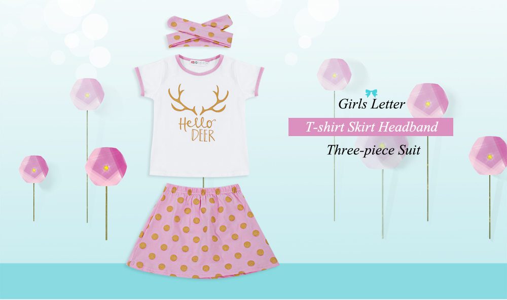 SOSOCOER Letter Antler Print T-shirt Polka Dot Skirt Headband Three-piece Suit for Girls SOSOCOER Letter Antler Print T-shirt Polka Dot Skirt Headband Three-piece Suit for Girls