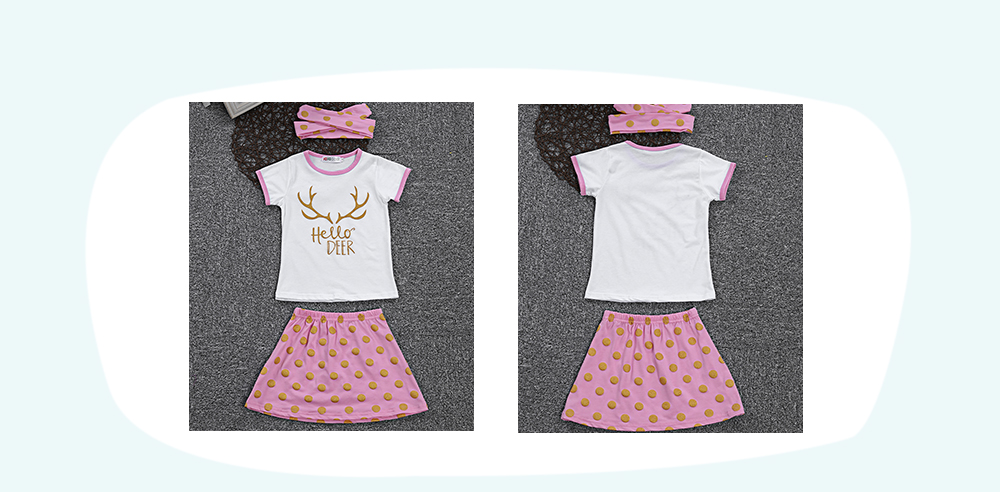 SOSOCOER Letter Antler Print T-shirt Polka Dot Skirt Headband Three-piece Suit for Girls SOSOCOER Letter Antler Print T-shirt Polka Dot Skirt Headband Three-piece Suit for Girls