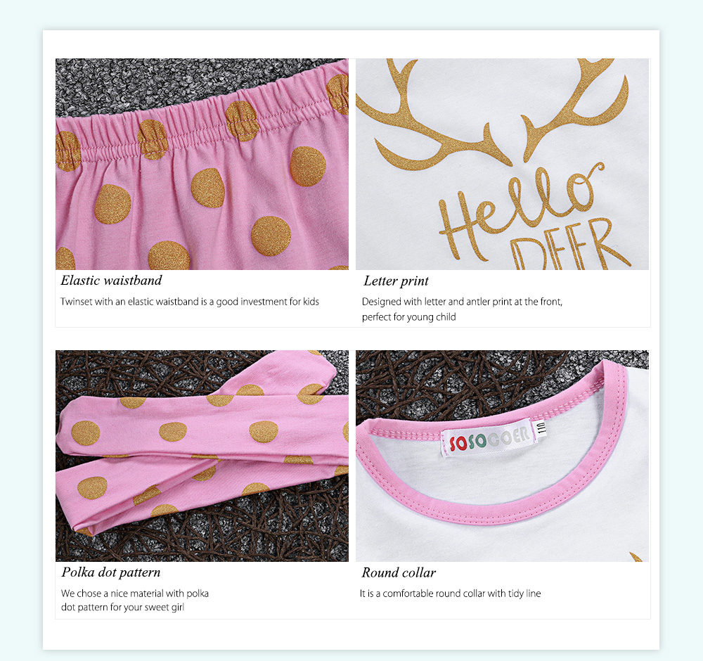 SOSOCOER Letter Antler Print T-shirt Polka Dot Skirt Headband Three-piece Suit for Girls SOSOCOER Letter Antler Print T-shirt Polka Dot Skirt Headband Three-piece Suit for Girls