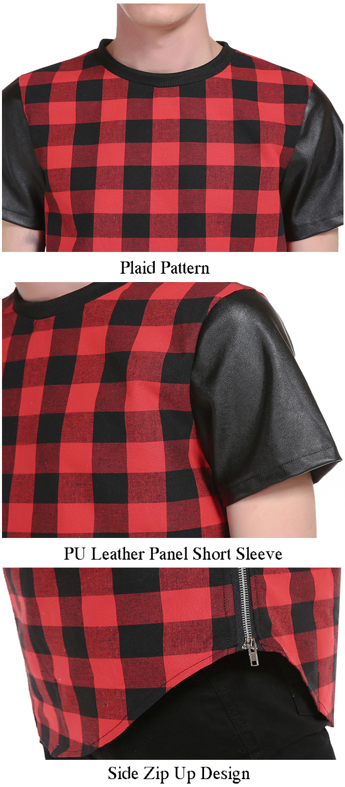 PU Leather Panel Side Zip Up Plaid Longline T-Shirt