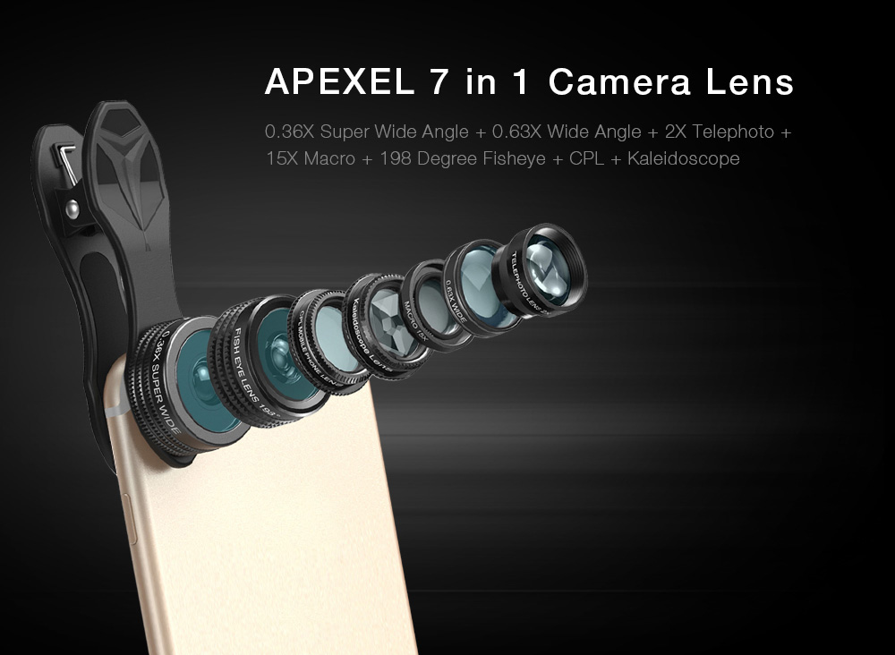 Apexel APL - DG7 0.36X Super Wide Angle + 0.63X Wide Angle + 2X Telephoto + 15X Macro + 198 Degree Fisheye + CPL + Kaleidoscope Lens 7 in 1 Clip External Phone Camera Apexel APL - DG7 0.36X Super Wide Angle + 0.63X Wide Angle + 2X Telephoto + 15X Macro + 198 Degree Fisheye + CPL + Kaleidoscope Lens 7 in 1 Clip External Phone Camera