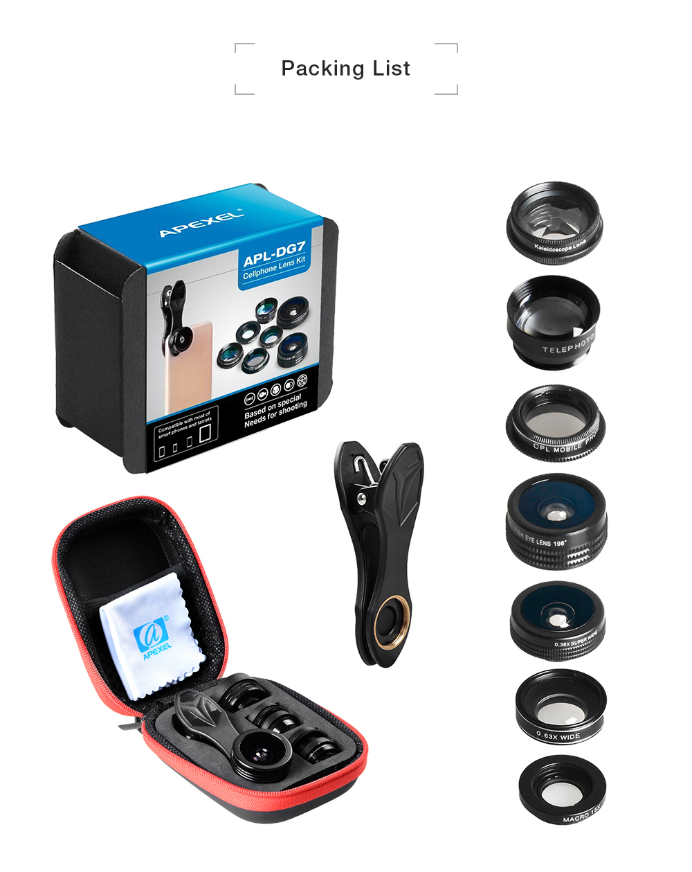 Apexel APL - DG7 0.36X Super Wide Angle + 0.63X Wide Angle + 2X Telephoto + 15X Macro + 198 Degree Fisheye + CPL + Kaleidoscope Lens 7 in 1 Clip External Phone Camera Apexel APL - DG7 0.36X Super Wide Angle + 0.63X Wide Angle + 2X Telephoto + 15X Macro + 198 Degree Fisheye + CPL + Kaleidoscope Lens 7 in 1 Clip External Phone Camera
